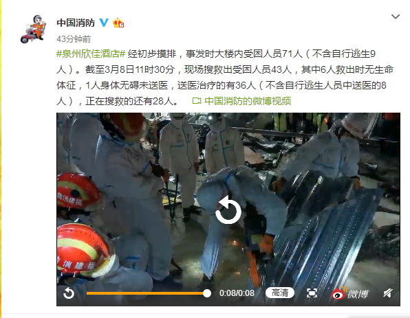 福建泉州酒店坍塌事故现场救出43人  6人遇难